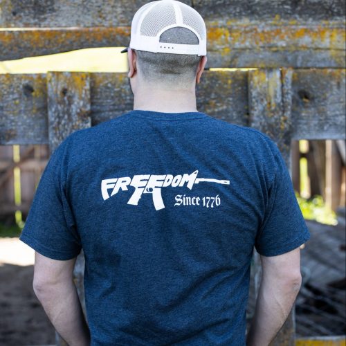 0G5A5439 Man wearing charcoal Freedom Rifle T-shirt from United States of American's Republic USOAR