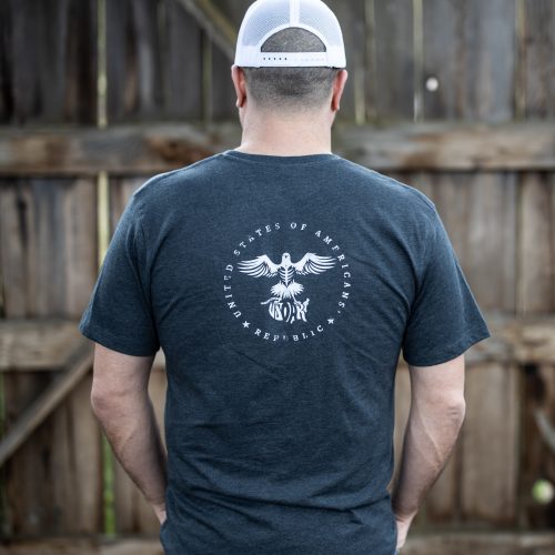 I’m Your Huckleberry mens charcoal back Man wearing charcoal I'm Your Huckleberry T-shirt from United States of American's Republic USOAR