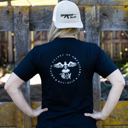 I’m Your Huckleberry womens black back Woman wearing charcoal I'm Your Huckleberry T-shirt from United States of American's Republic USOAR