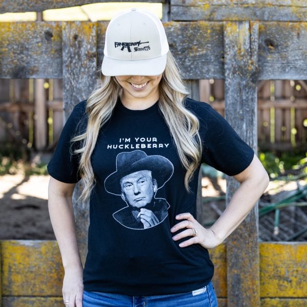 Woman wearing charcoal I'm Your Huckleberry T-shirt from United States of American's Republic USOAR