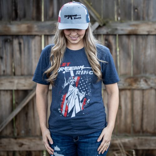 Woman wearing a blue Let Freedom Ring USOAR T-Shirt from United States of American's Republic