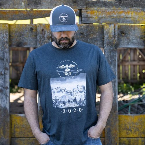 Mt Rushmore mens charcoal front Man wearing charcoal Mt. Rushmore T-shirt from United States of American's Republic USOAR