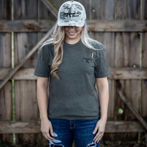 We the People womens olive front Woman wearing olive green We The People T-shirt from United States of American's Republic USOAR