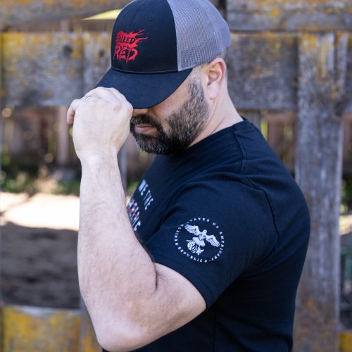We the Sheeple mens sleeve Man wearing black We The Sheeple T-shirt from United States of American's Republic USOAR
