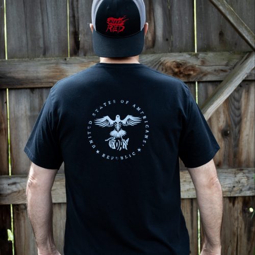 Man wearing black Trump Card T-shirt from United States of American's Republic USOAR