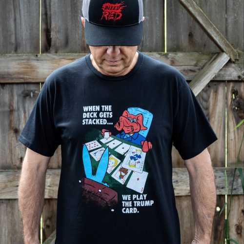 Man wearing black Trump Card T-shirt from United States of American's Republic USOAR