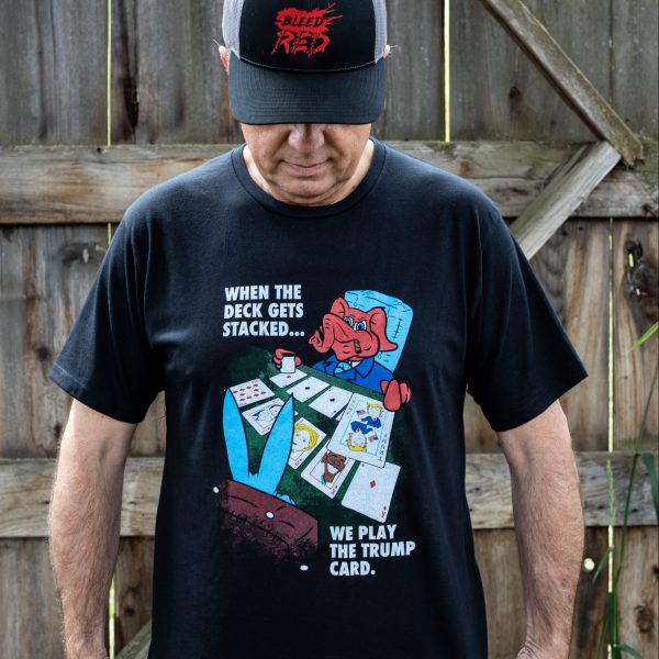 Man wearing black Trump Card T-shirt from United States of American's Republic USOAR